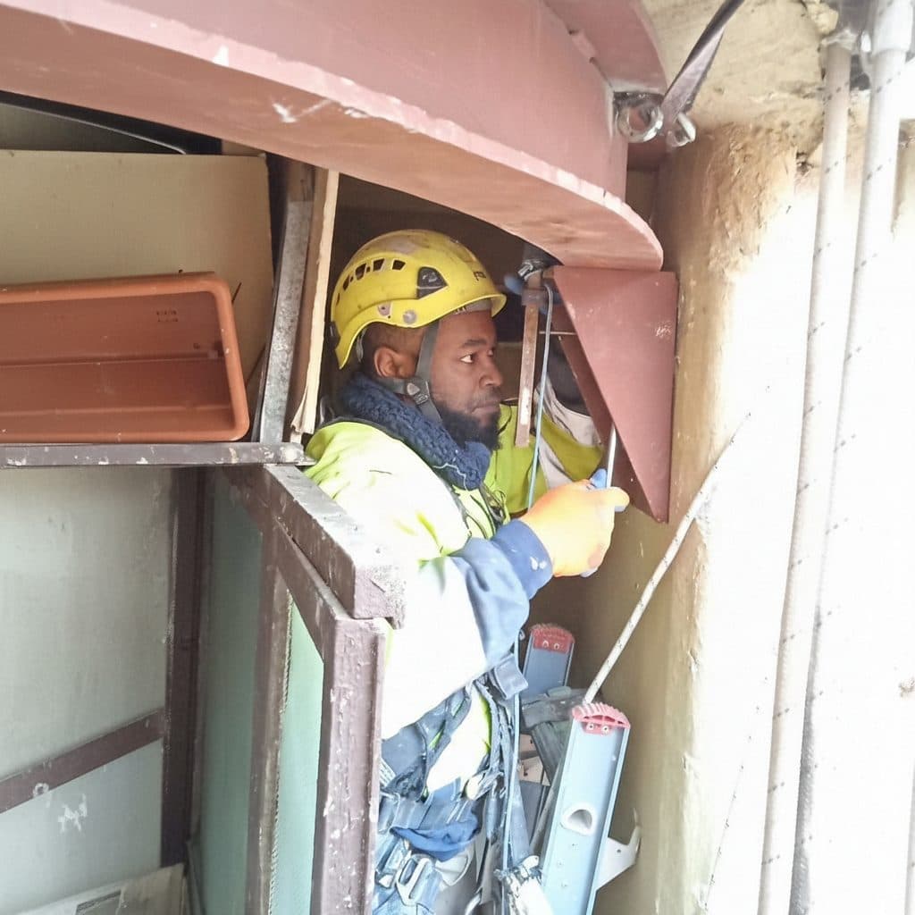 Técnico con casco instalando la viga de refuerzo bajo el techo de un balcón